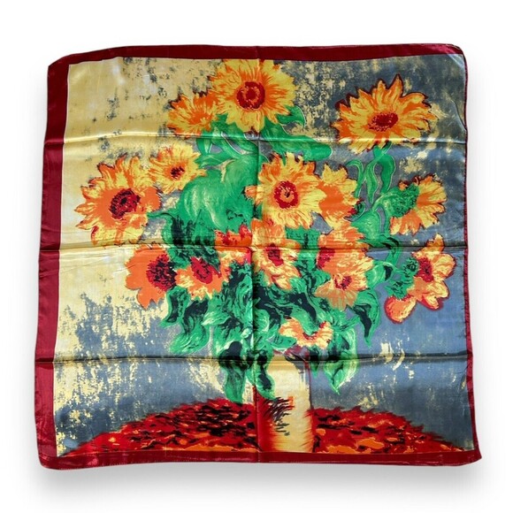 Red Wine Edges  & Yellow Floral Scarf 35” X 35” Women Blue Scarve Headscarf Tie - Picture 1 of 2